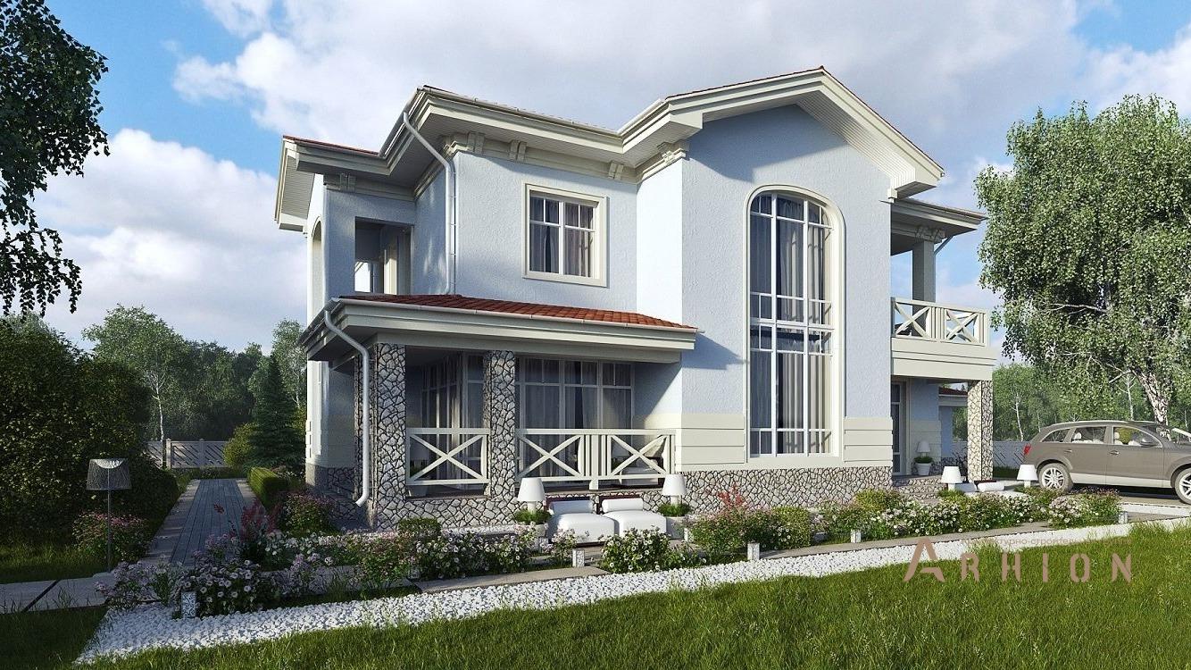 1. Проект двухэтажного дома в американском стиле с многоскатной кровлей, kr-304, площадью - 305 кв c терассой, балконом, гаражом