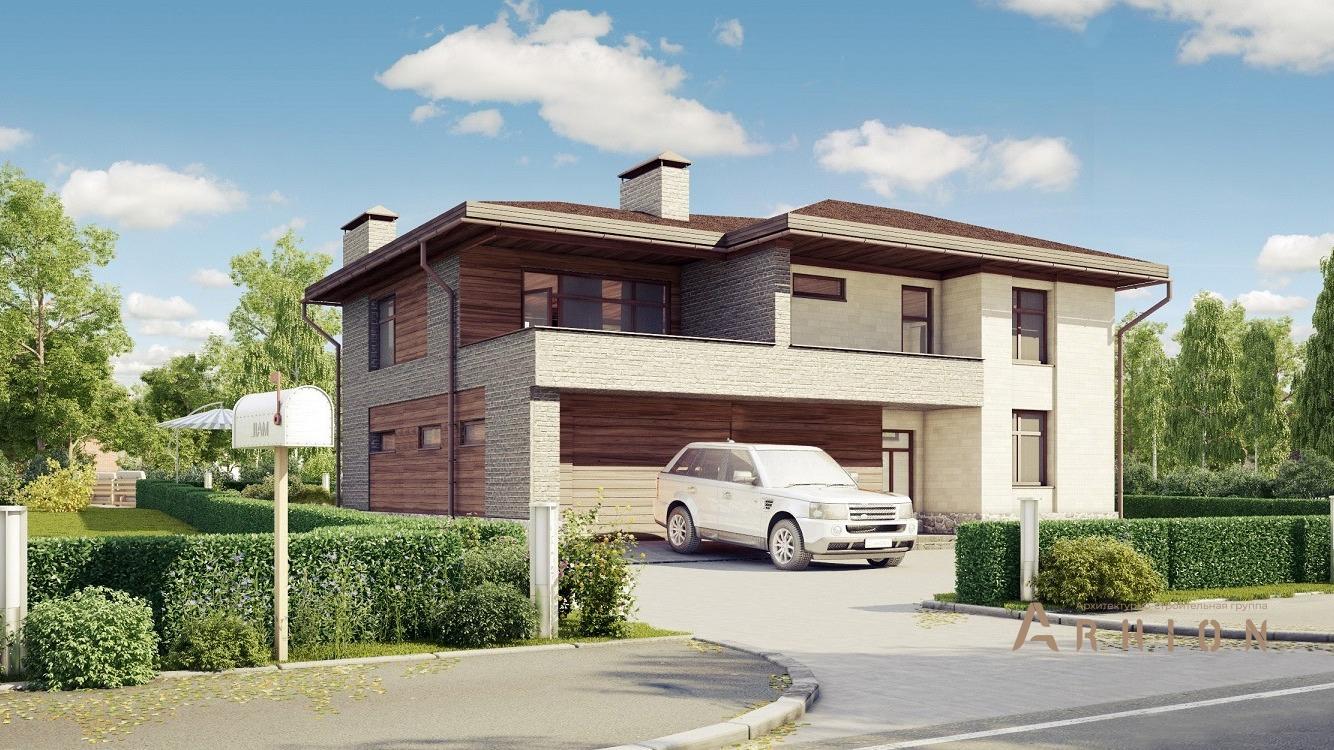 2. Проект двухэтажного дома в стиле Ллойда Райта (прерий) с многоскатной кровлей, kr-323, площадью - 324 кв c терассой, балконом, гаражом