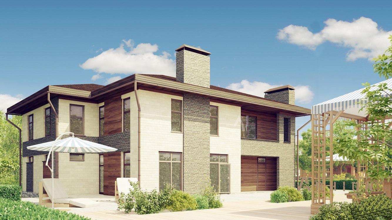 4. Проект двухэтажного дома в стиле Ллойда Райта (прерий) с многоскатной кровлей, kr-323, площадью - 324 кв c терассой, балконом, гаражом