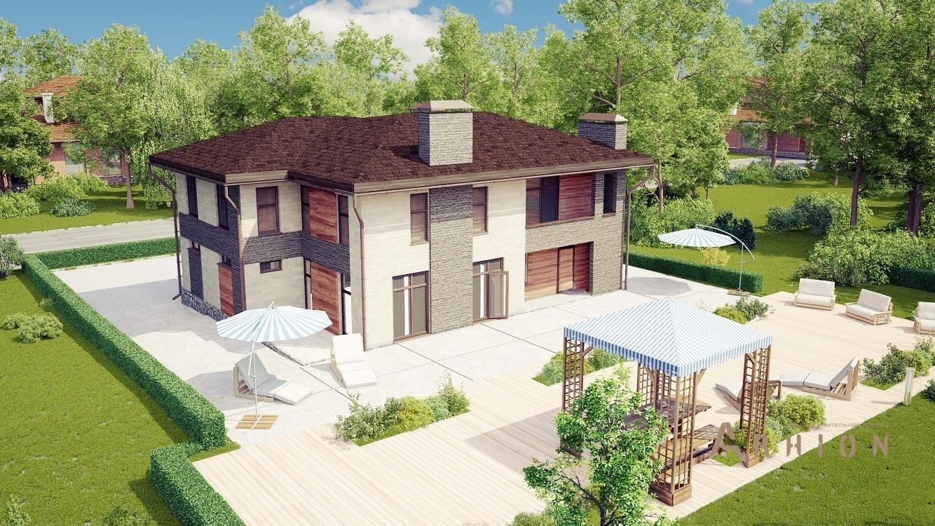 5. Проект двухэтажного дома в стиле Ллойда Райта (прерий) с многоскатной кровлей, kr-323, площадью - 324 кв c терассой, балконом, гаражом