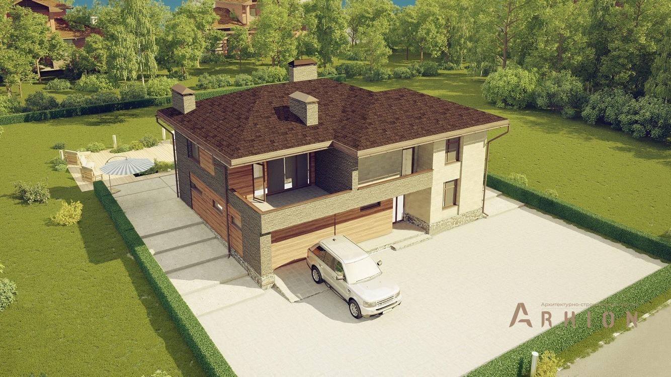 1. Проект двухэтажного дома в стиле Ллойда Райта (прерий) с многоскатной кровлей, kr-323, площадью - 324 кв c терассой, балконом, гаражом