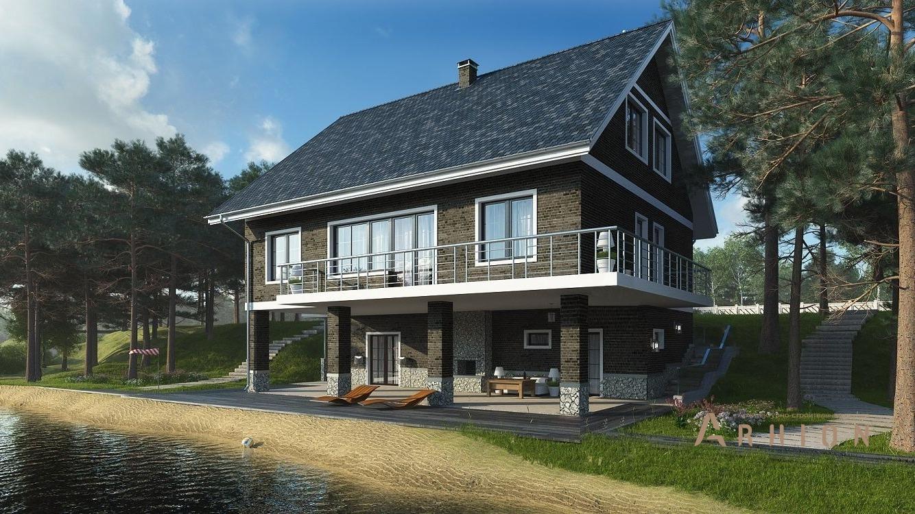 2. Проект одноэтажного дома в американском стиле с двускатной кровлей, kr-337, площадью - 223 кв c цокольным этажом, мансардой, балконом, гаражом