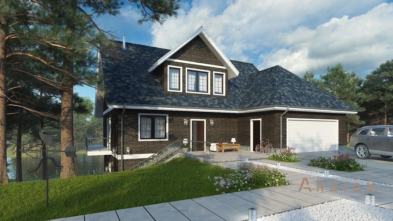 1. Проект одноэтажного дома в американском стиле с двускатной кровлей, kr-337, площадью - 223 кв c цокольным этажом, мансардой, балконом, гаражом