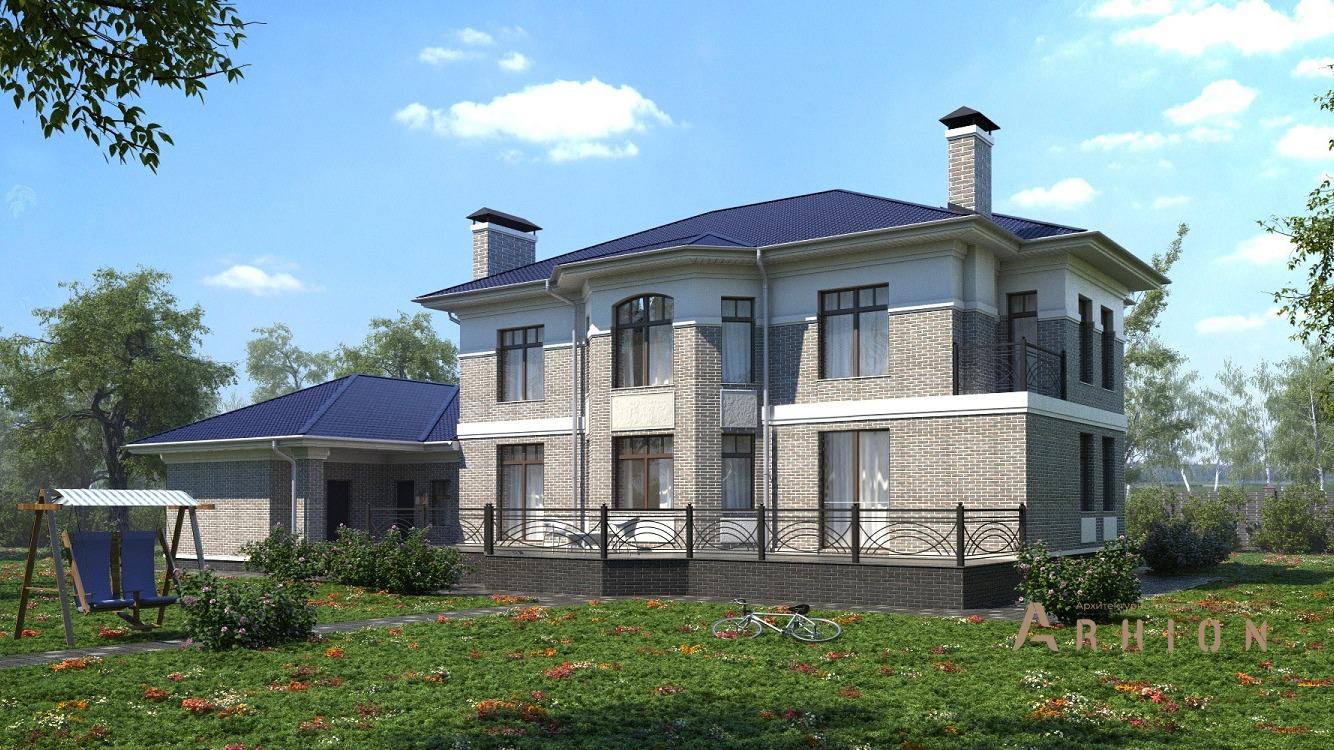 3. Проект двухэтажного дома в европейском стиле с плоской кровлей , kr-342, площадью - 357 кв c терассой, балконом, гаражом, эркером, вторым светом