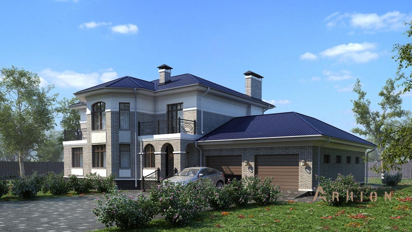 4. Проект двухэтажного дома в европейском стиле с плоской кровлей , kr-342, площадью - 357 кв c терассой, балконом, гаражом, эркером, вторым светом