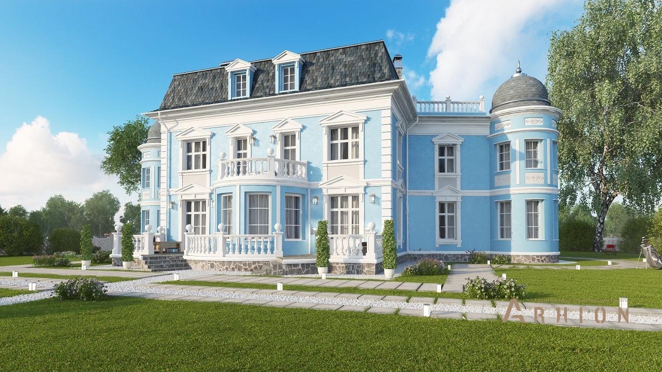 2. Проект двухэтажного дома в дворцовом стиле с многоскатной кровлей, kr-346, площадью - 347 кв c терассой, балконом, гаражом, эркером