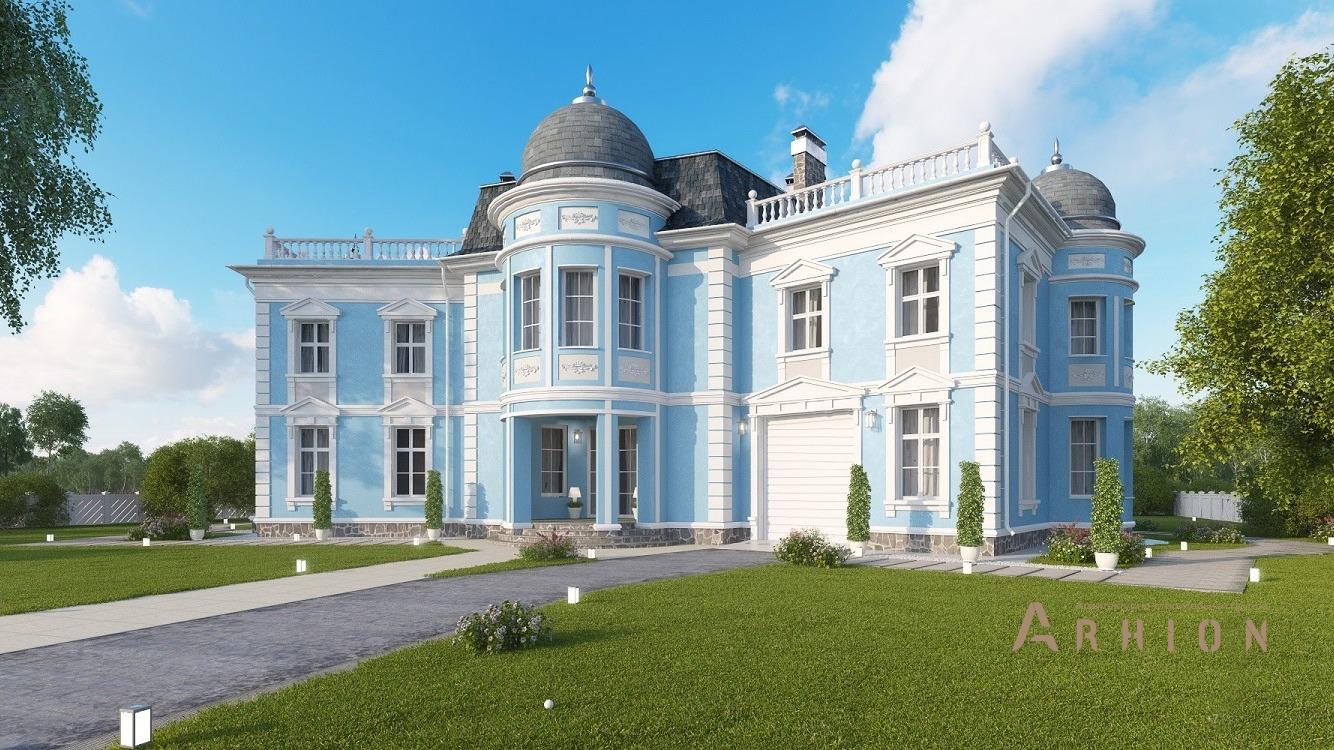 1. Проект двухэтажного дома в дворцовом стиле с многоскатной кровлей, kr-346, площадью - 347 кв c терассой, балконом, гаражом, эркером