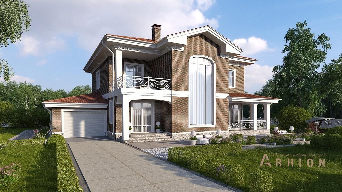 1. Проект двухэтажного дома в европейском стиле с многоскатной кровлей, kr-374, площадью - 305 кв c терассой, балконом, гаражом, вторым светом