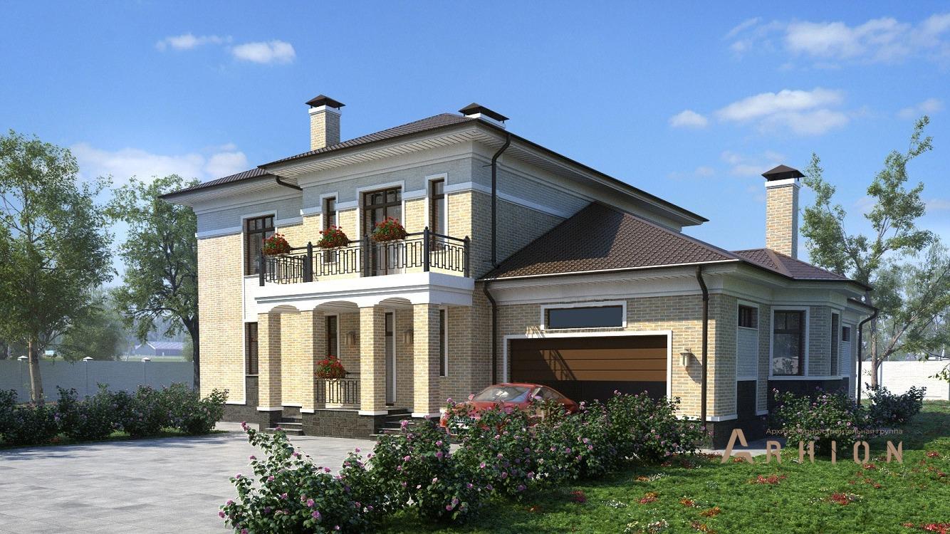 1. Проект двухэтажного дома в европейском стиле с многоскатной кровлей, kr-375, площадью - 375 кв c сауной, терассой, балконом, гаражом, бассейном, эркером