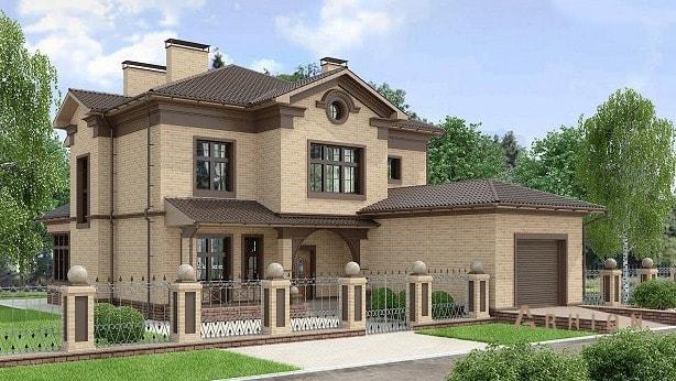 1. Проект двухэтажного дома в современном классическом стиле с многоскатной кровлей, kr-437, площадью - 437 кв c цокольным этажом, сауной, терассой, гаражом