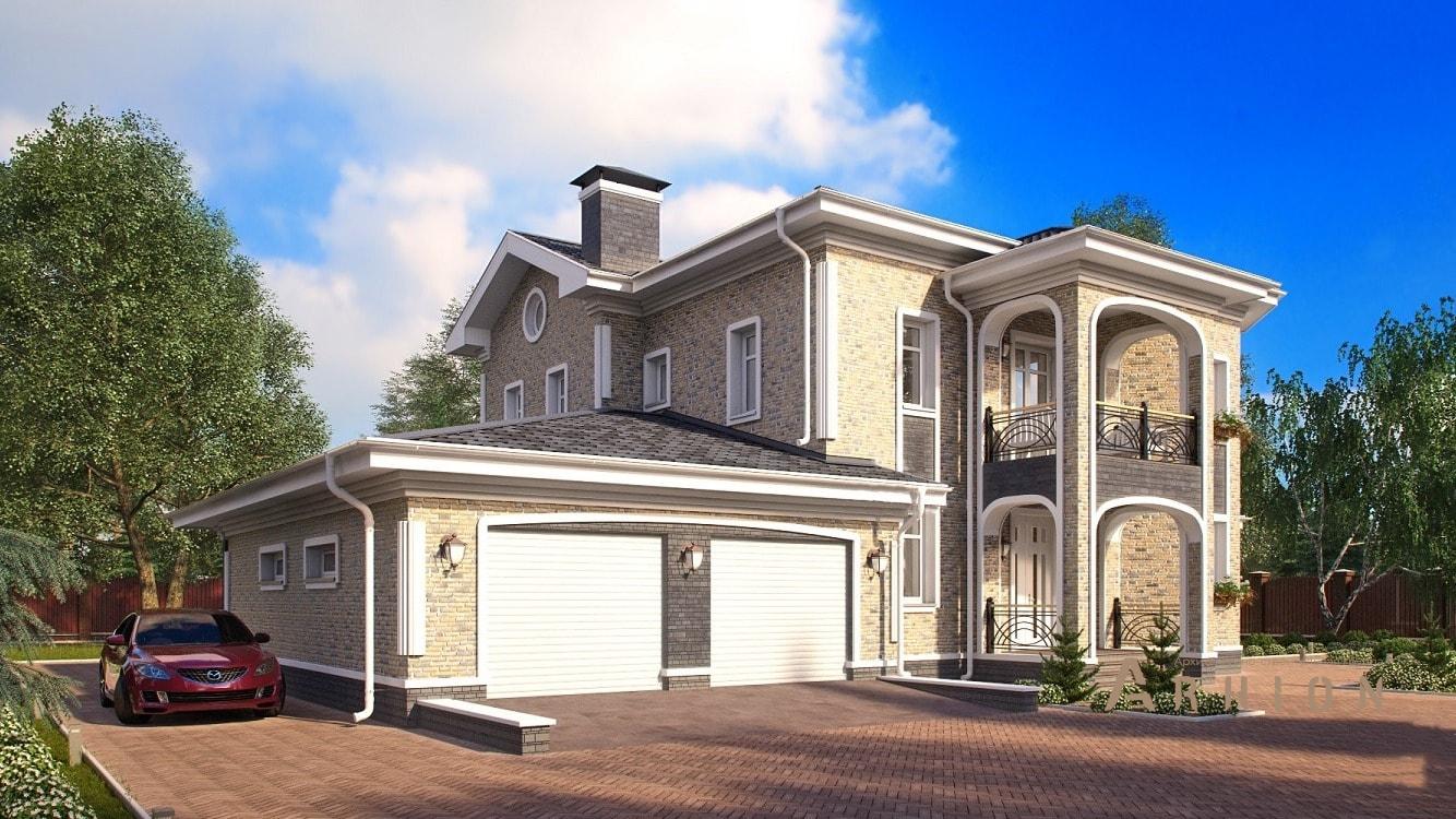 4. Проект двухэтажного дома в европейском стиле с четырехскатной, kr-467, площадью - 467 кв c цокольным этажом, сауной, терассой, балконом, гаражом, эркером