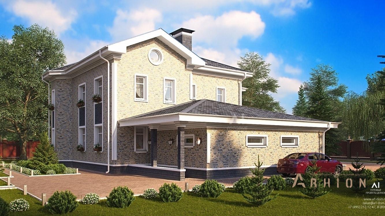 3. Проект двухэтажного дома в европейском стиле с четырехскатной, kr-467, площадью - 467 кв c цокольным этажом, сауной, терассой, балконом, гаражом, эркером