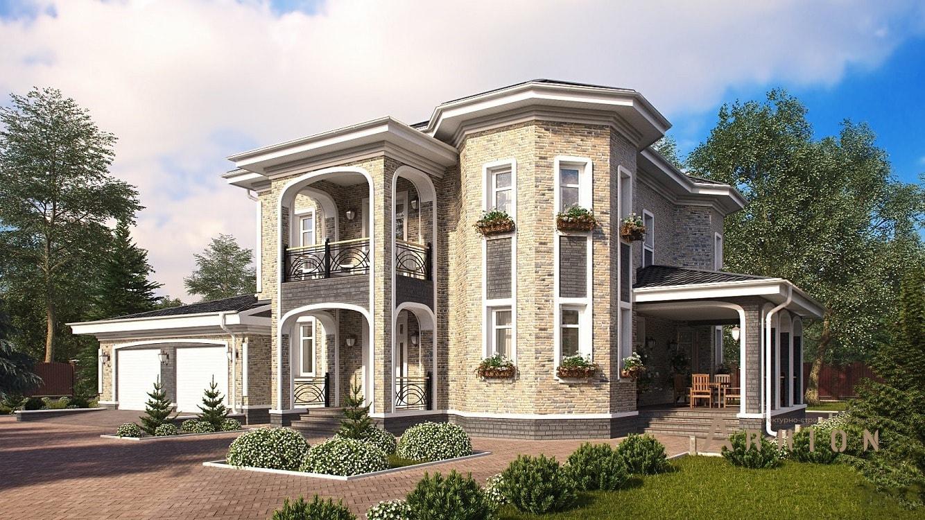 1. Проект двухэтажного дома в европейском стиле с четырехскатной, kr-467, площадью - 467 кв c цокольным этажом, сауной, терассой, балконом, гаражом, эркером