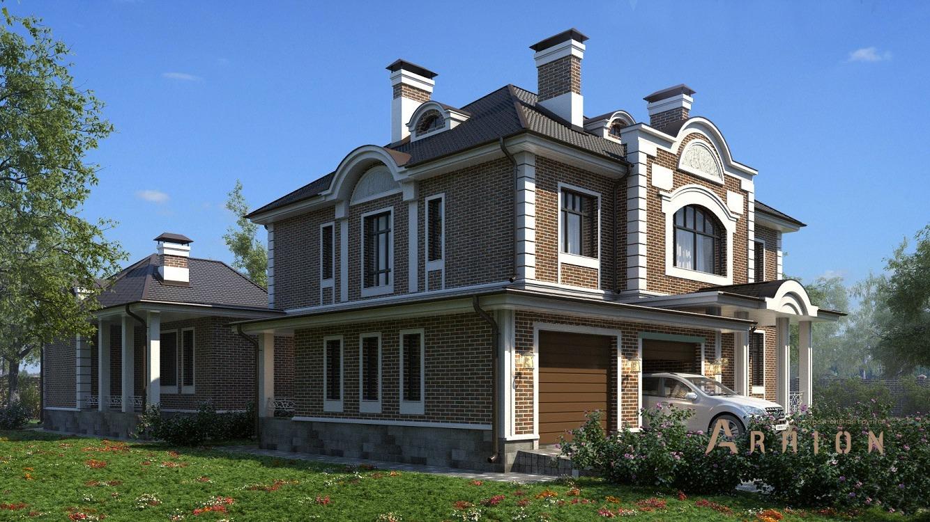 2. Проект двухэтажного дома в английском стиле с плоской кровлей , kr-641, площадью - 637 кв c цокольным этажом, мансардой, сауной, терассой, балконом, гаражом