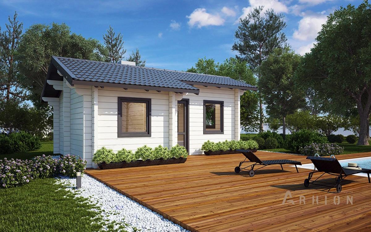 2. Проект одноэтажного дома в скандинавском стиле с двускатной кровлей, l-26, площадью - 26 кв c терассой