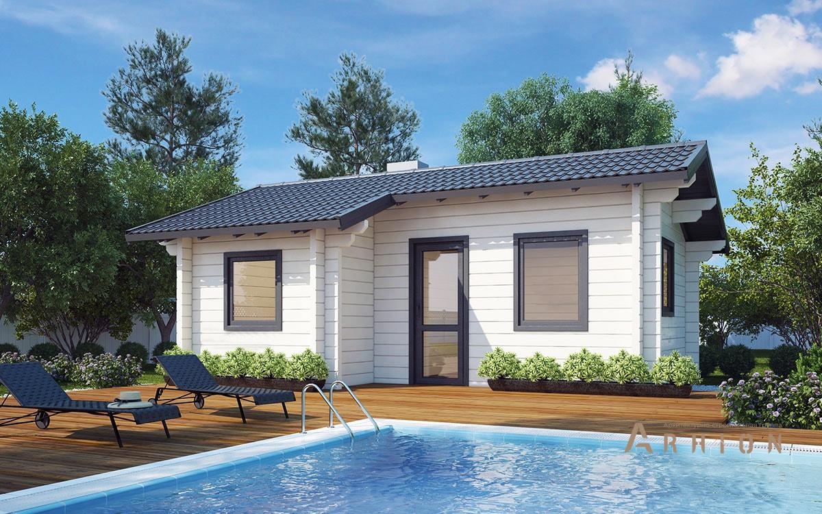 1. Проект одноэтажного дома в скандинавском стиле с двускатной кровлей, l-26, площадью - 26 кв c терассой