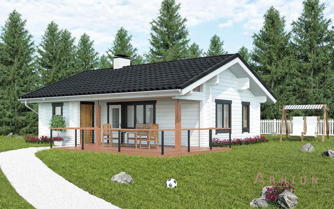 1. Проект одноэтажного дома в скандинавском стиле с двускатной кровлей, l-48, площадью - 48 кв c терассой