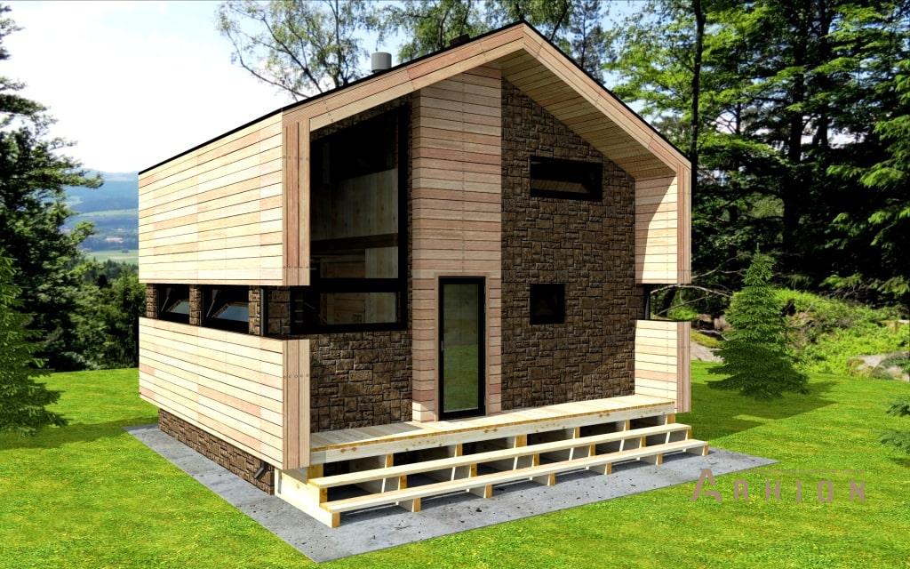 1. Проект одноэтажного дома в стиле барн с двускатной кровлей, l-50, площадью - 51 кв c мансардой, сауной, терассой