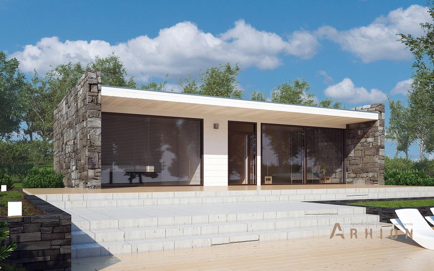 1. Проект одноэтажного дома в стиле лофт с плоской кровлей , l-91, площадью - 77 кв c терассой