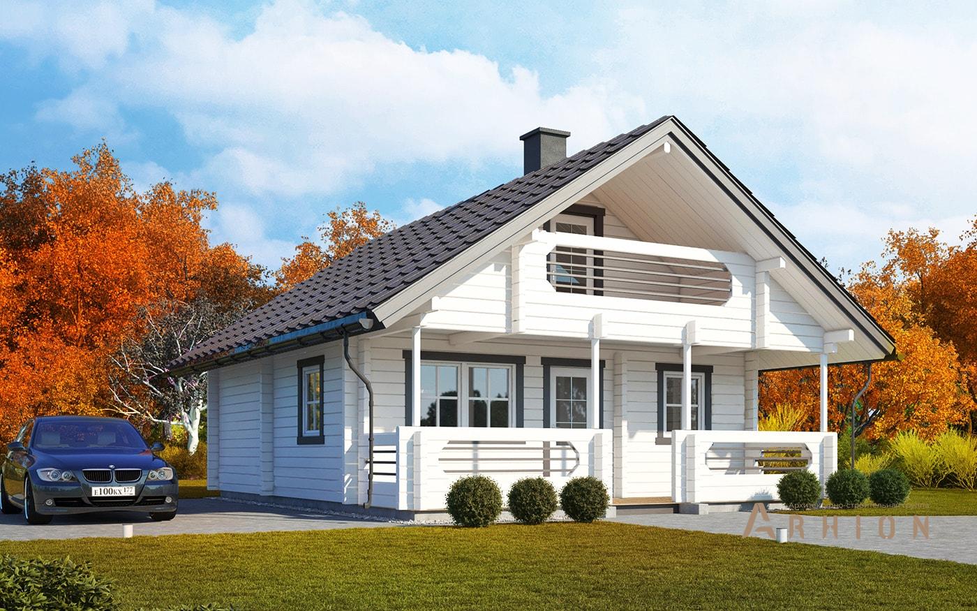 1. Проект одноэтажного дома в стиле шале с двускатной кровлей, l-94, площадью - 94 кв c терассой, балконом