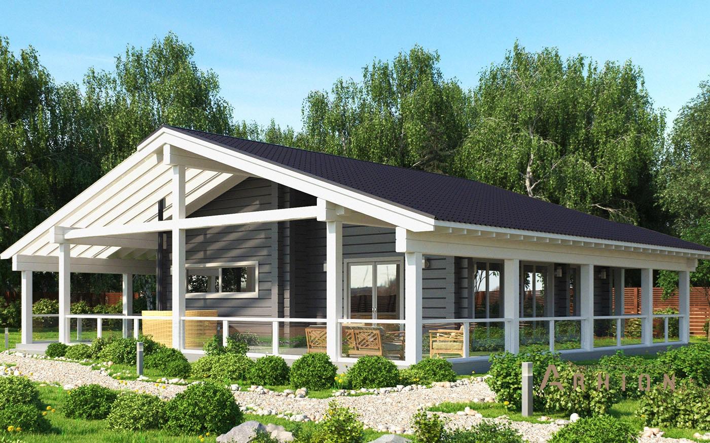 1. Проект одноэтажного дома в стиле шале с двускатной кровлей, l-95, площадью - 95 кв c терассой