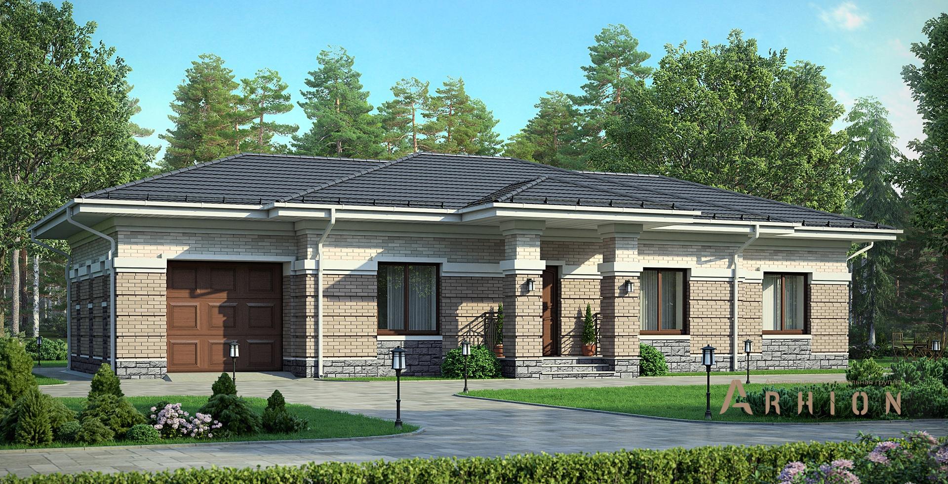 1. Проект одноэтажного дома в современном стиле с четырехскатной, m-023, площадью - 118 кв c сауной, гаражом