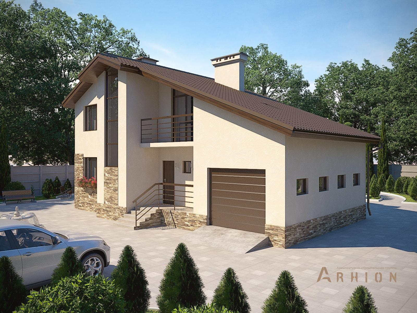 4. Проект двухэтажного дома в скандинавском стиле с многоскатной кровлей, M-11, площадью - 180 кв c терассой, балконом, гаражом