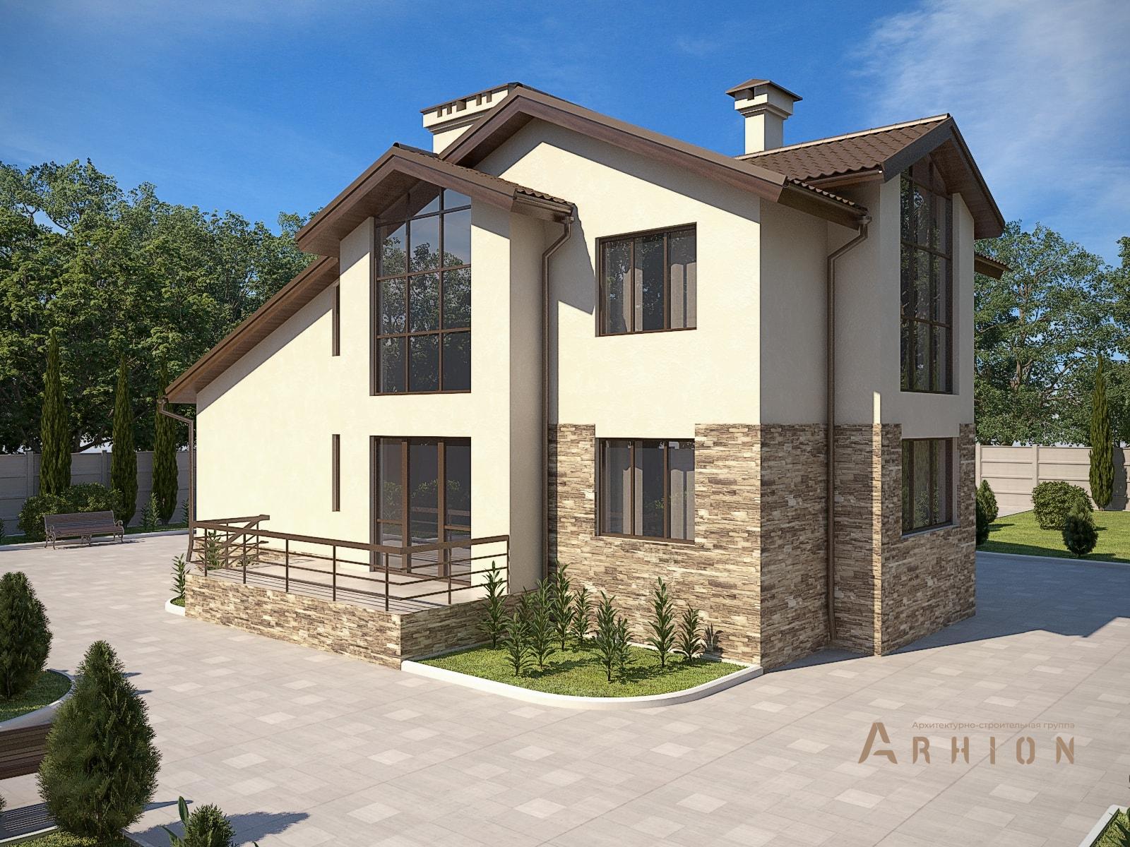 3. Проект двухэтажного дома в скандинавском стиле с многоскатной кровлей, M-11, площадью - 180 кв c терассой, балконом, гаражом