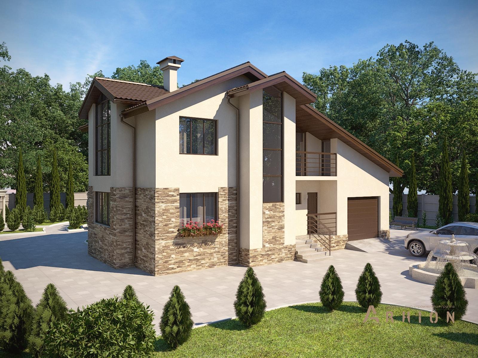 1. Проект двухэтажного дома в скандинавском стиле с многоскатной кровлей, M-11, площадью - 180 кв c терассой, балконом, гаражом