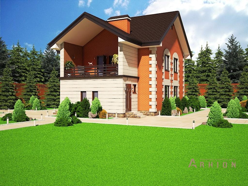 2. Проект двухэтажного дома в европейском стиле с многоскатной кровлей, M-13, площадью - 155 кв c терассой, балконом