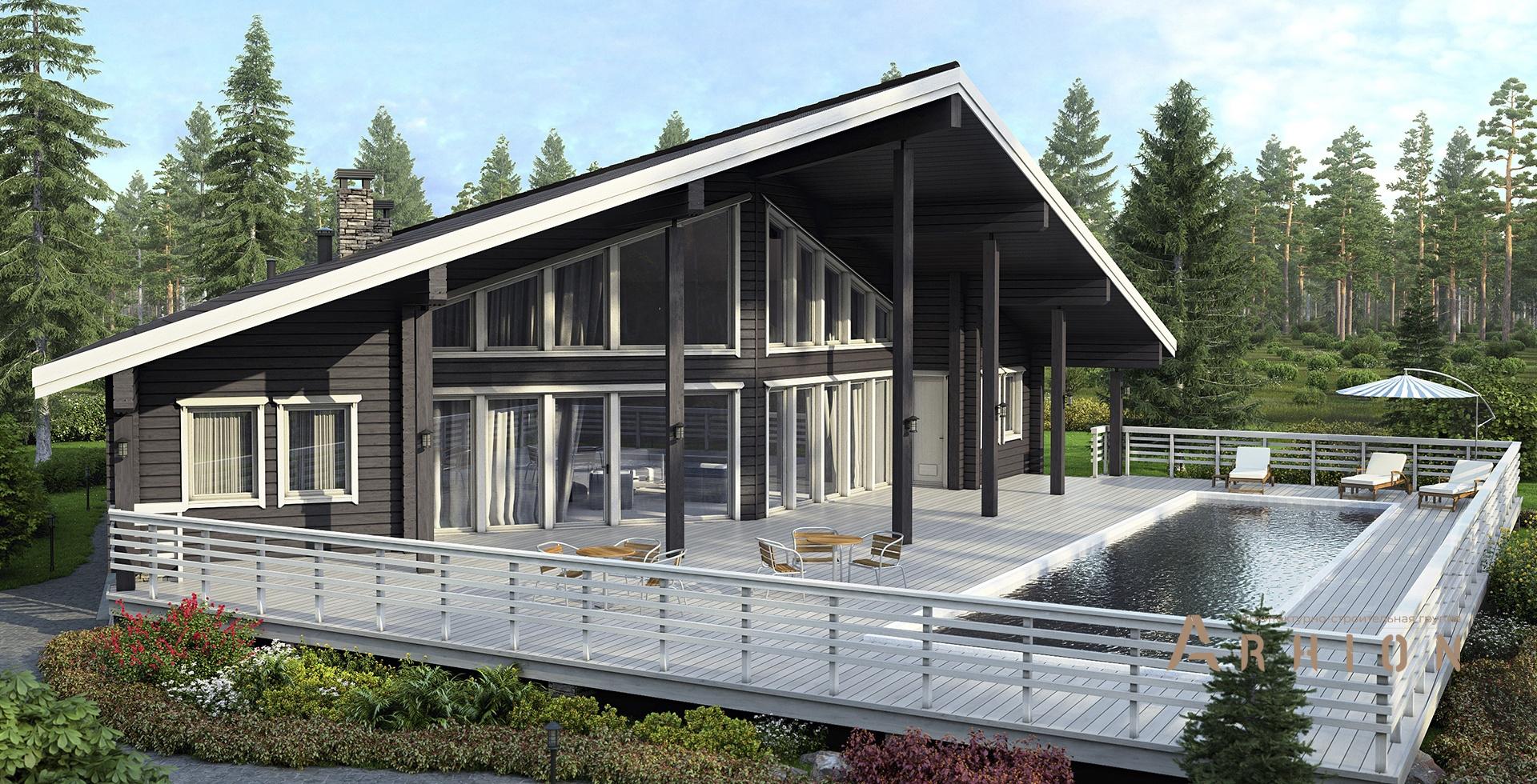 1. Проект одноэтажного дома в стиле шале с двускатной кровлей, m-141, площадью - 174 кв c мансардой, сауной, терассой, бассейном