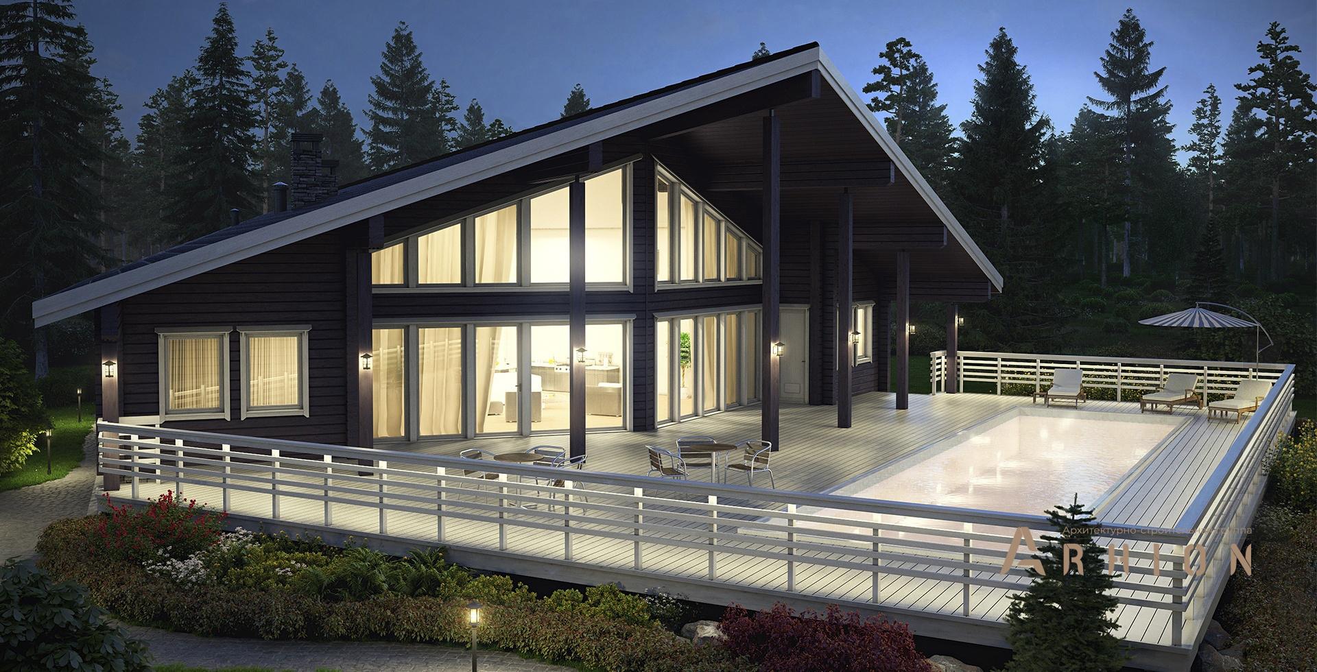 2. Проект одноэтажного дома в стиле шале с двускатной кровлей, m-141, площадью - 174 кв c мансардой, сауной, терассой, бассейном