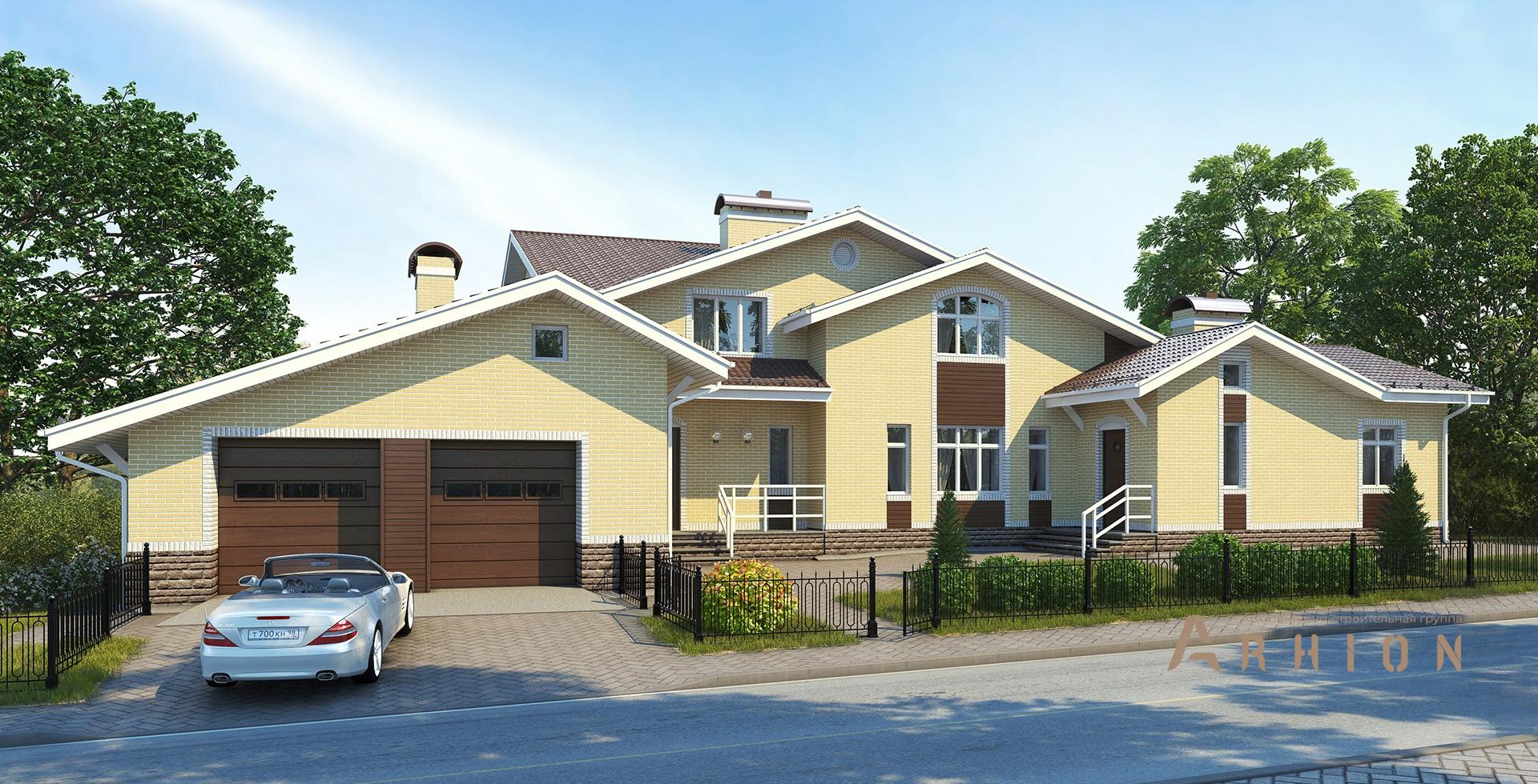 1. Проект одноэтажного дома в американском стиле с многоскатной кровлей, m-146, площадью - 399 кв c мансардой, сауной, терассой, гаражом, бассейном