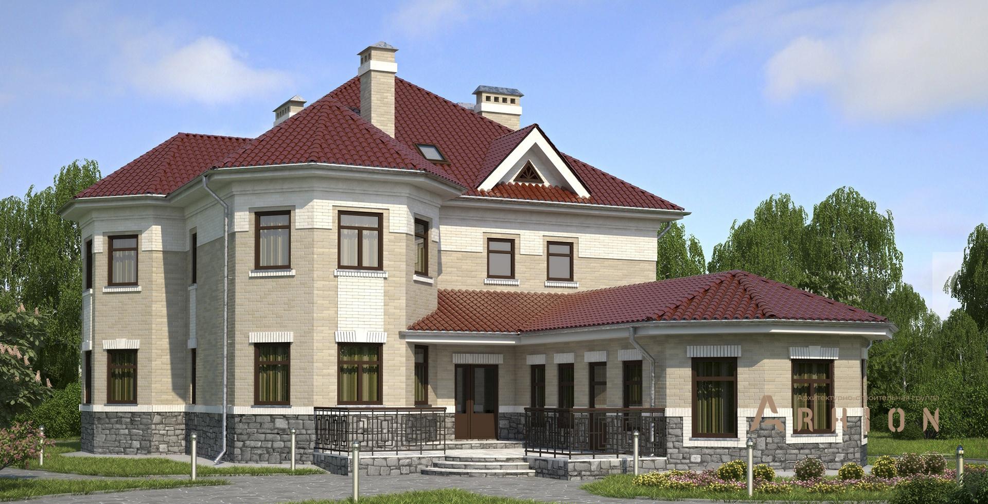 1. Проект двухэтажного дома в современном стиле с многоскатной кровлей, m-148, площадью - 335 кв c сауной, терассой, бассейном, эркером