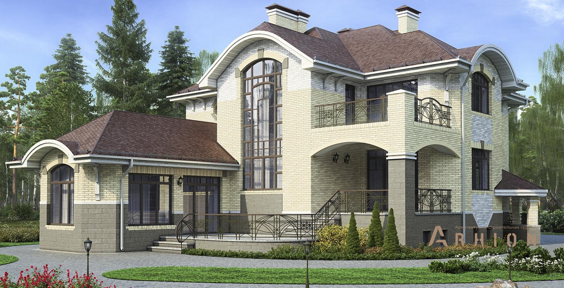 1. Проект двухэтажного дома в стиле модерн с многоскатной кровлей, m-149, площадью - 412 кв c цокольным этажом, сауной, терассой, гаражом, бассейном