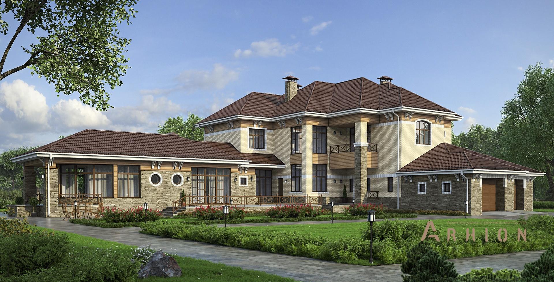 1. Проект двухэтажного дома в европейском стиле с многоскатной кровлей, m-152, площадью - 470 кв c терассой, балконом, гаражом, бассейном, вторым светом