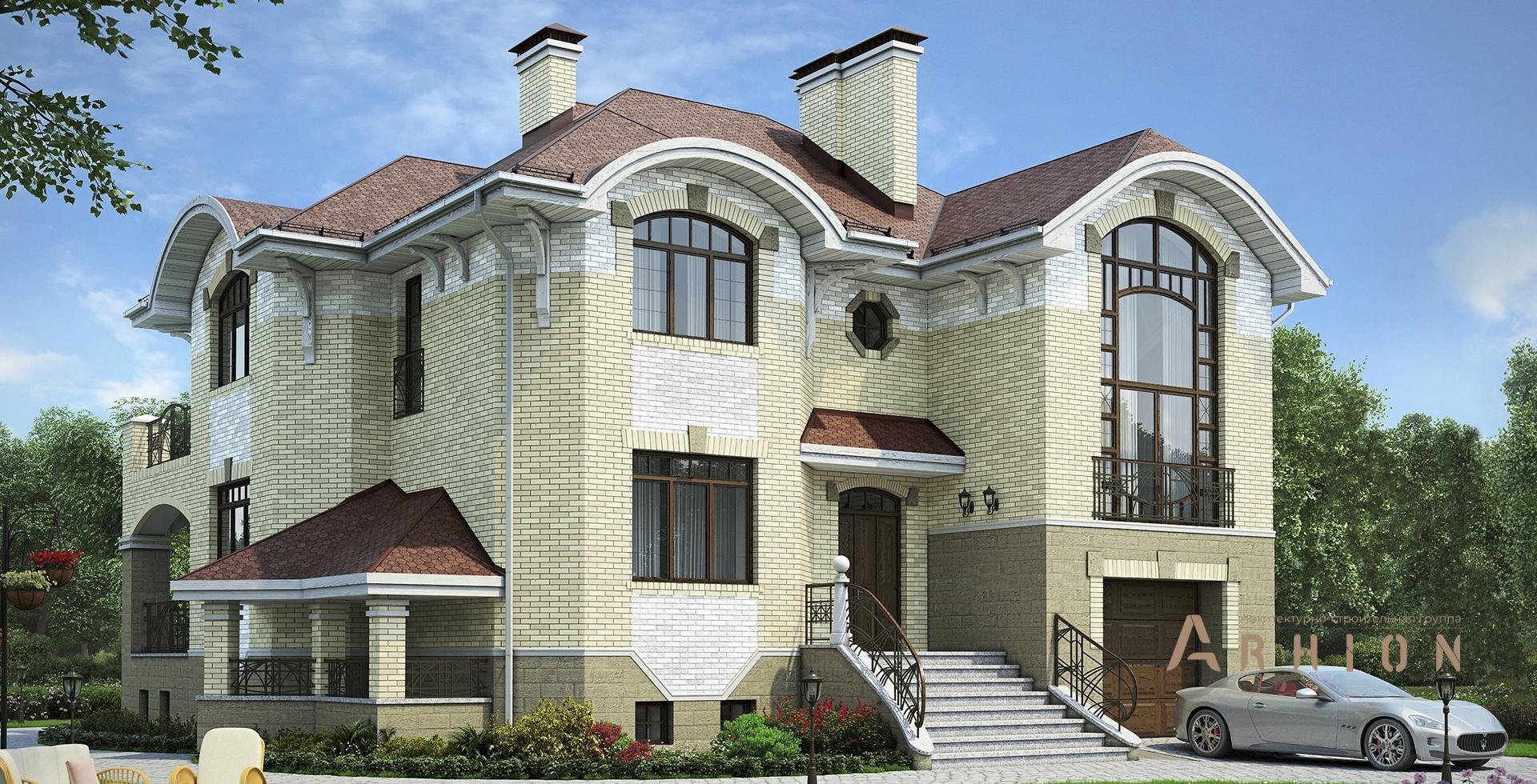 1. Проект двухэтажного дома в европейском стиле с многоскатной кровлей, m-154, площадью - 363 кв c цокольным этажом, терассой, балконом, гаражом, вторым светом