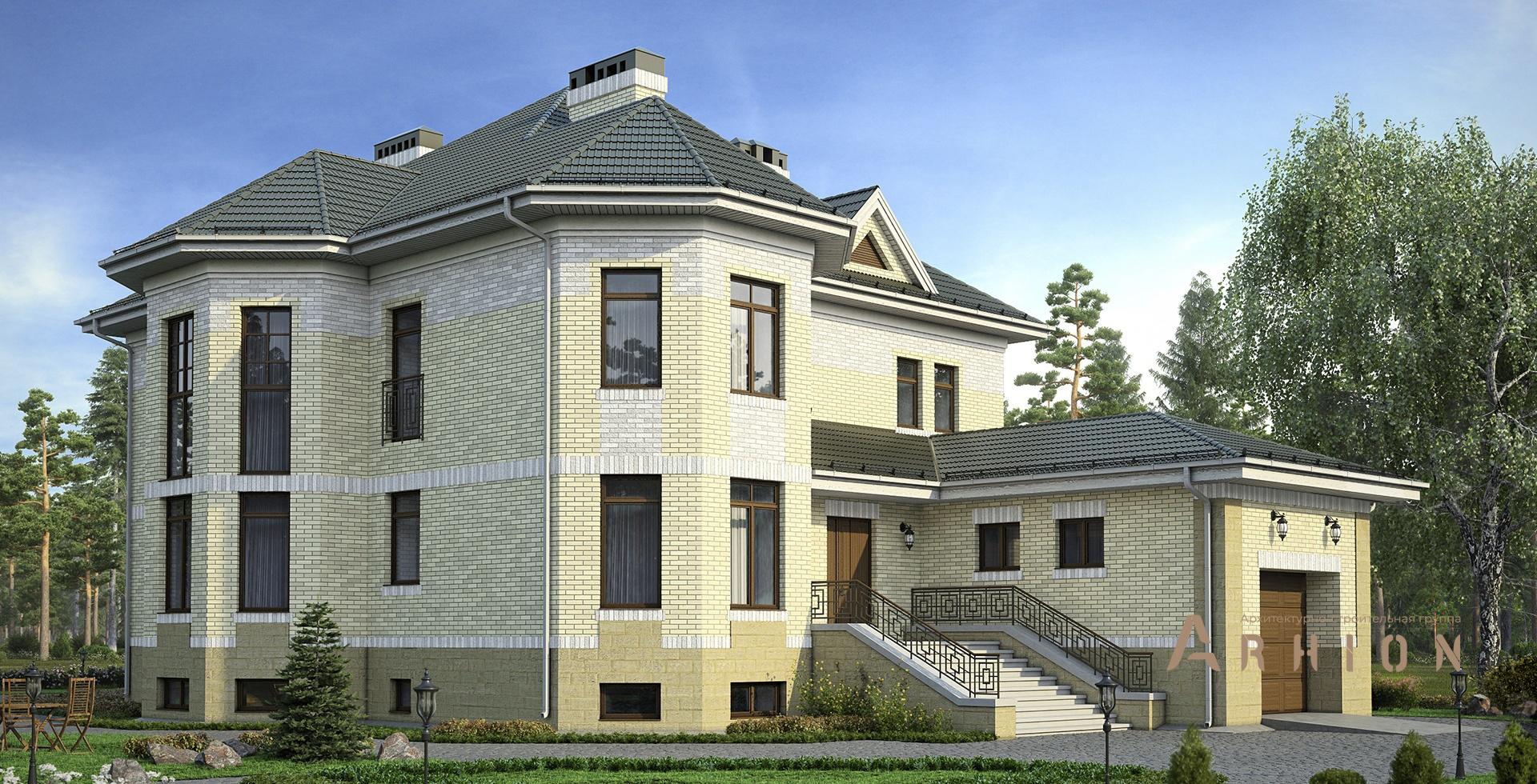 1. Проект двухэтажного дома в европейском стиле с многоскатной кровлей, m-156, площадью - 484 кв c цокольным этажом, сауной, терассой, гаражом, бассейном, эркером, вторым светом