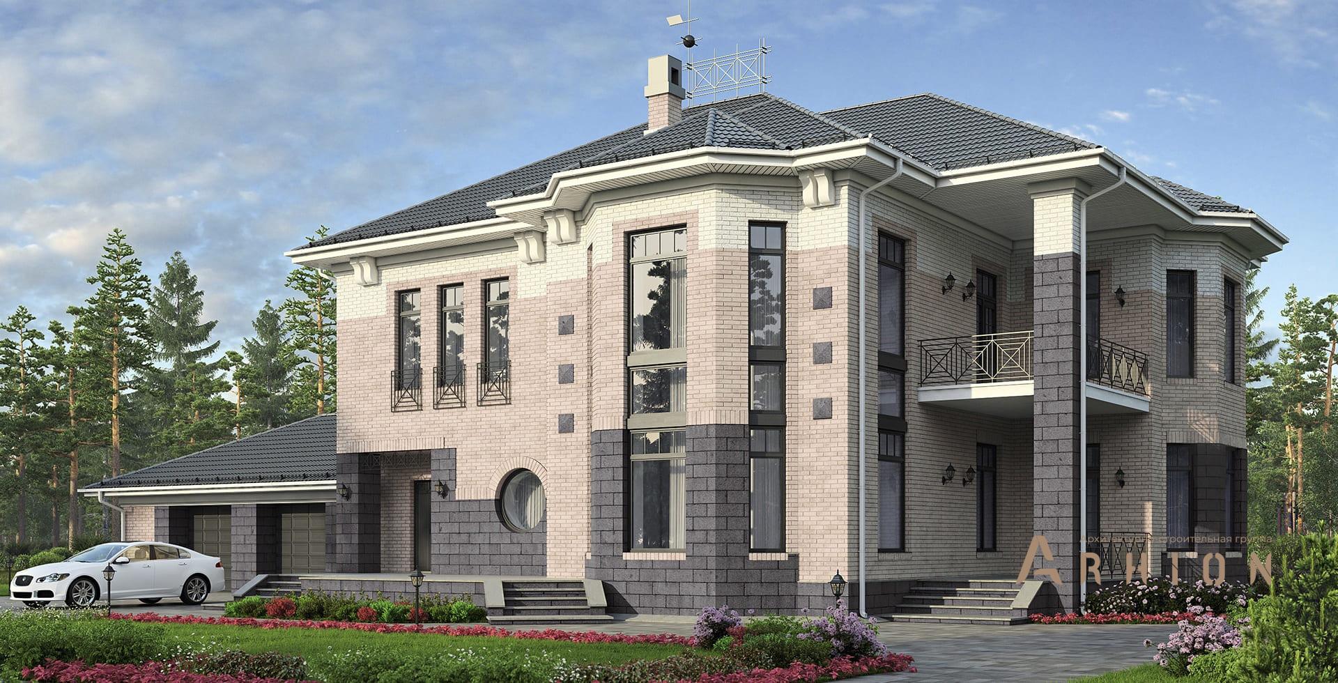 1. Проект двухэтажного дома в европейском стиле с многоскатной кровлей, m-158, площадью - 328 кв c терассой, балконом, гаражом, эркером, вторым светом