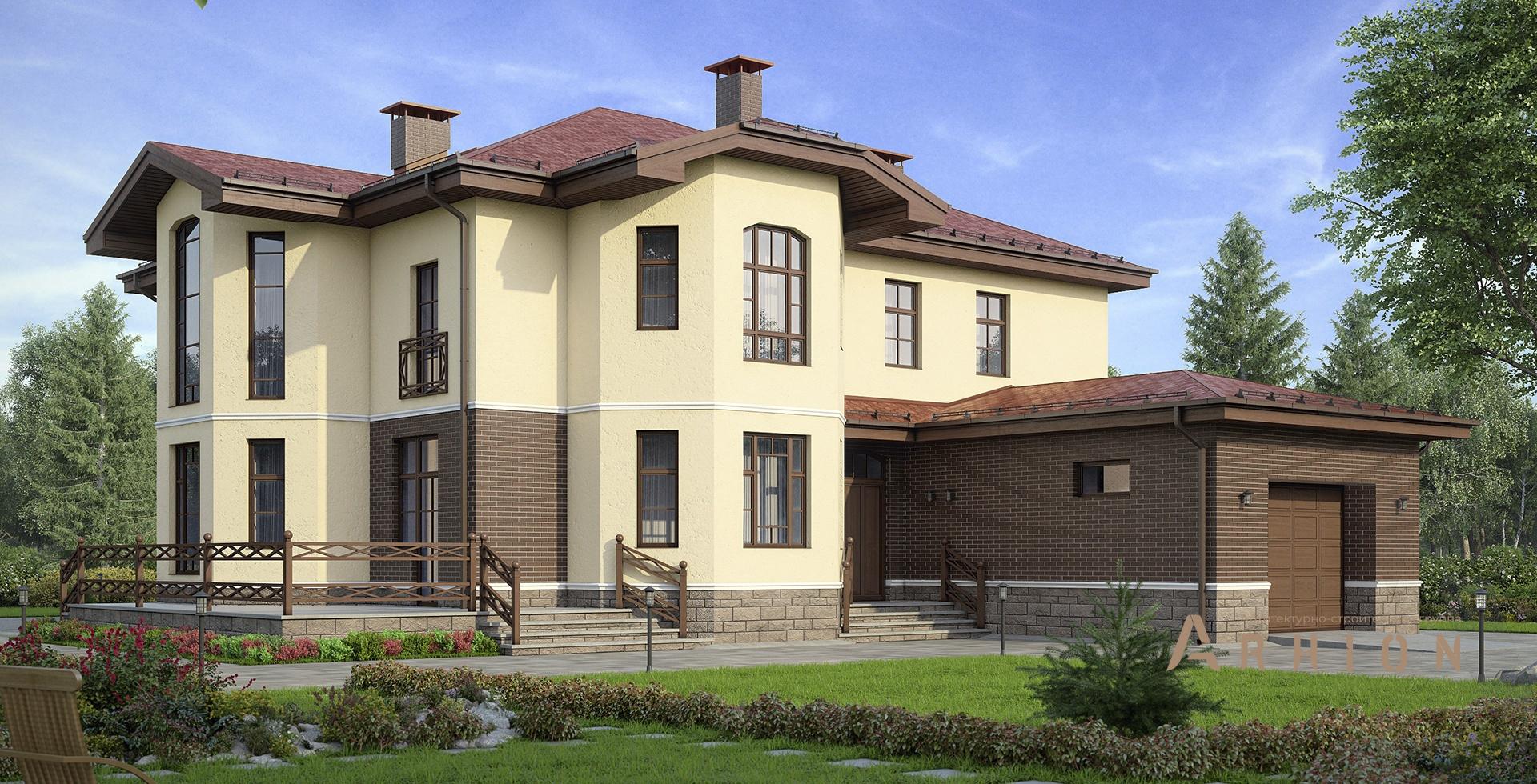 1. Проект двухэтажного дома в европейском стиле с многоскатной кровлей, m-159, площадью - 351 кв c сауной, терассой, гаражом, бассейном, эркером