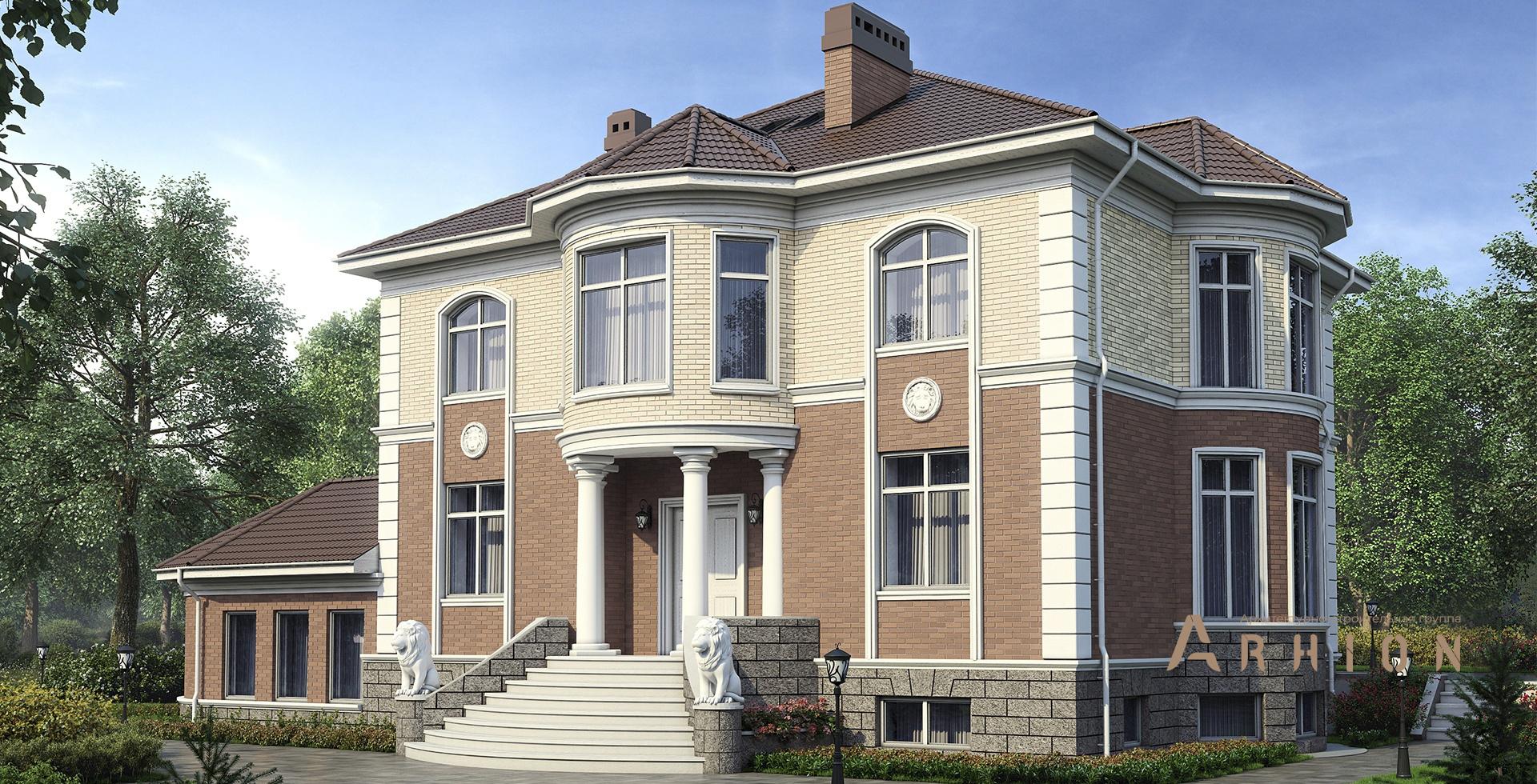 1. Проект двухэтажного дома в классическом стиле с многоскатной кровлей, m-160, площадью - 433 кв c цокольным этажом, бассейном, эркером, вторым светом