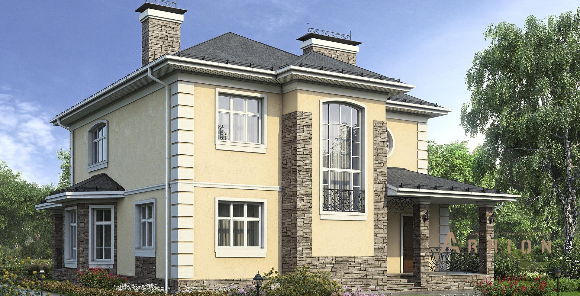 1. Проект двухэтажного дома в современном классическом стиле с четырехскатной, m-162, площадью - 195 кв c терассой