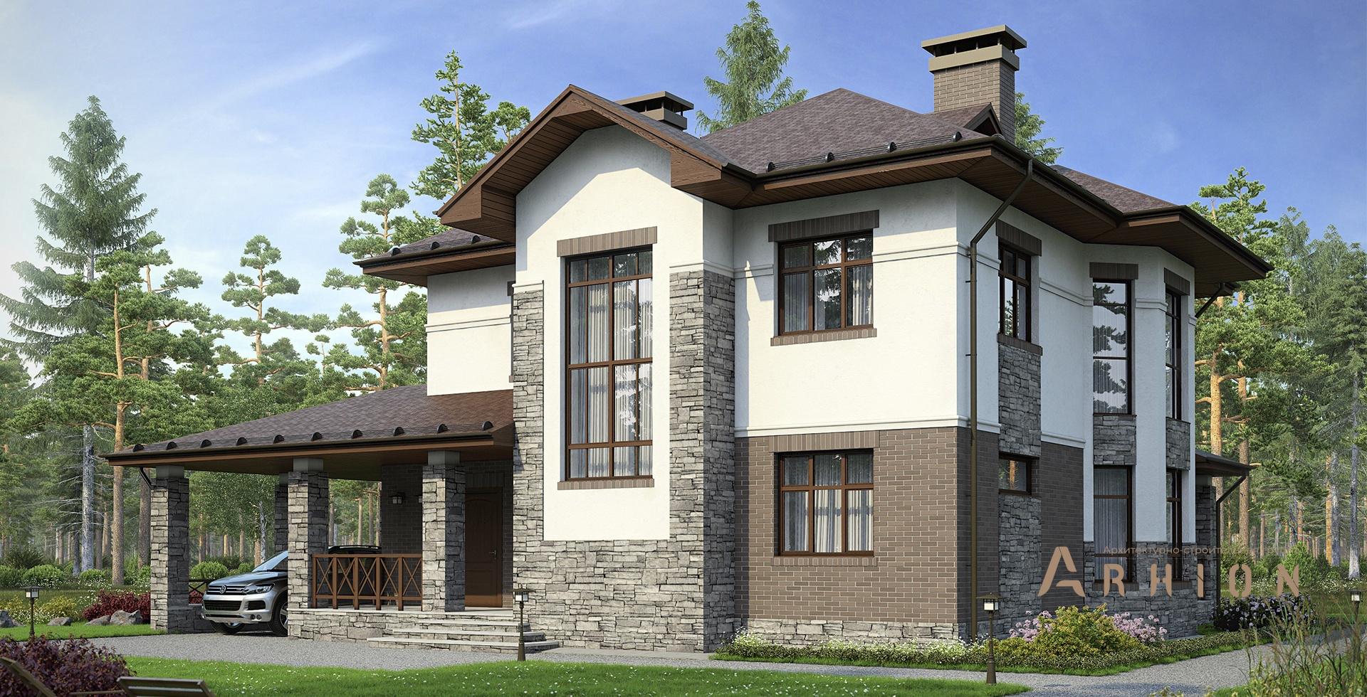 1. Проект двухэтажного дома в современном стиле с четырехскатной, m-163, площадью - 180 кв c терассой, гаражом, эркером, вторым светом