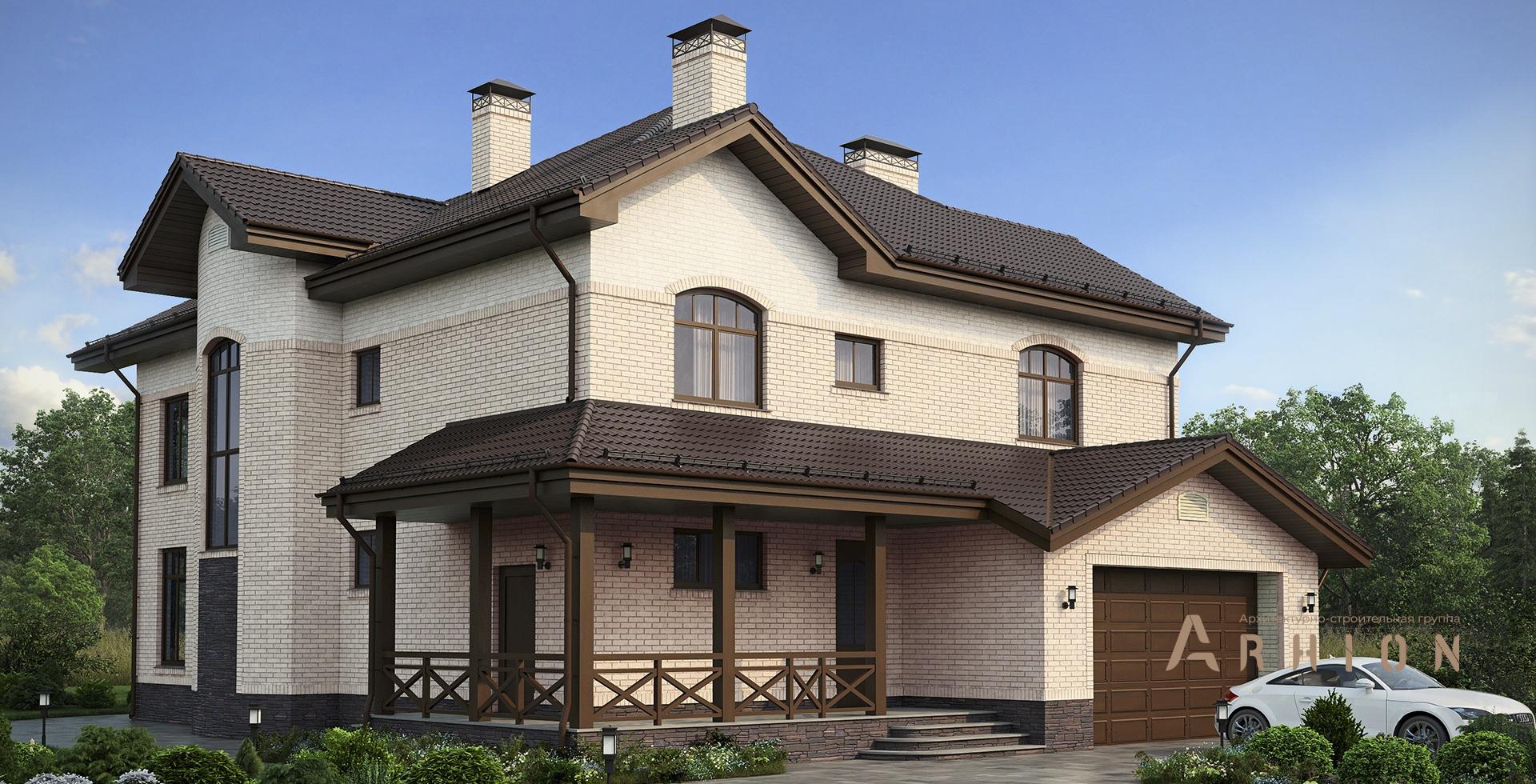 1. Проект двухэтажного дома в современном классическом стиле с многоскатной кровлей, m-164, площадью - 283 кв c сауной, терассой, гаражом, эркером