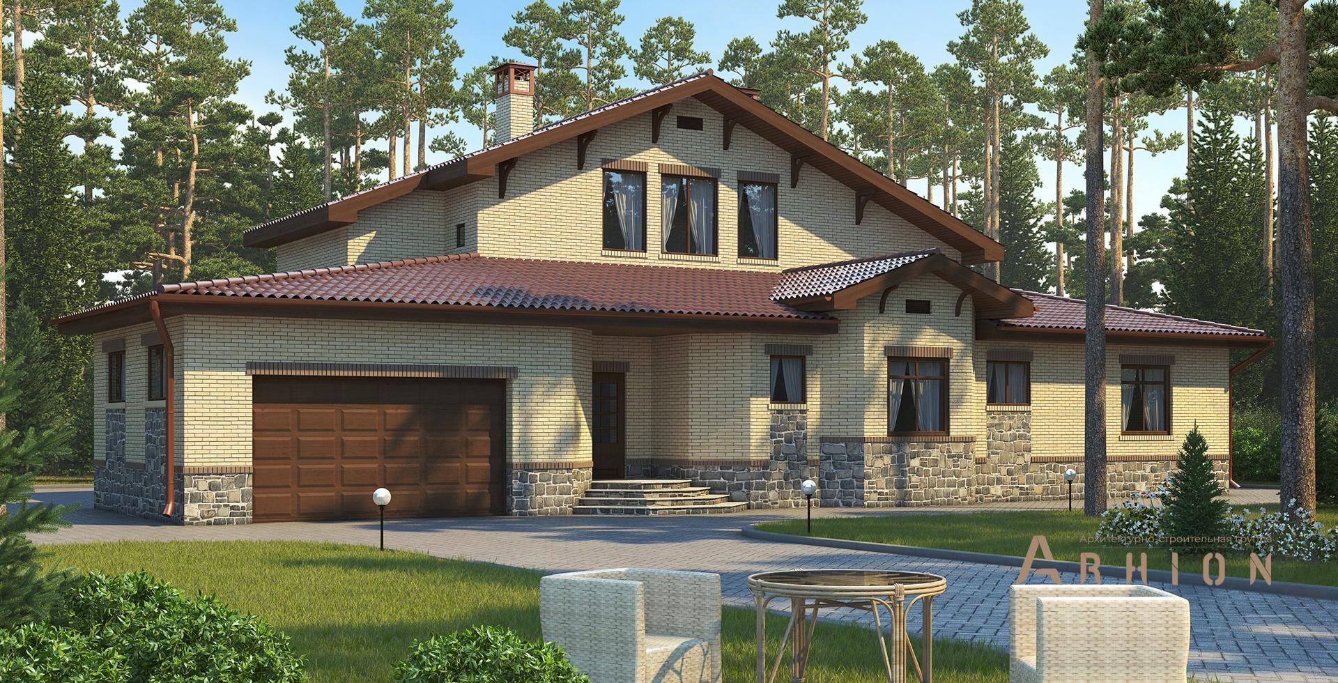 1. Проект одноэтажного дома в европейском стиле с многоскатной кровлей, m-167, площадью - 308 кв c мансардой, сауной, терассой, гаражом, бассейном, вторым светом