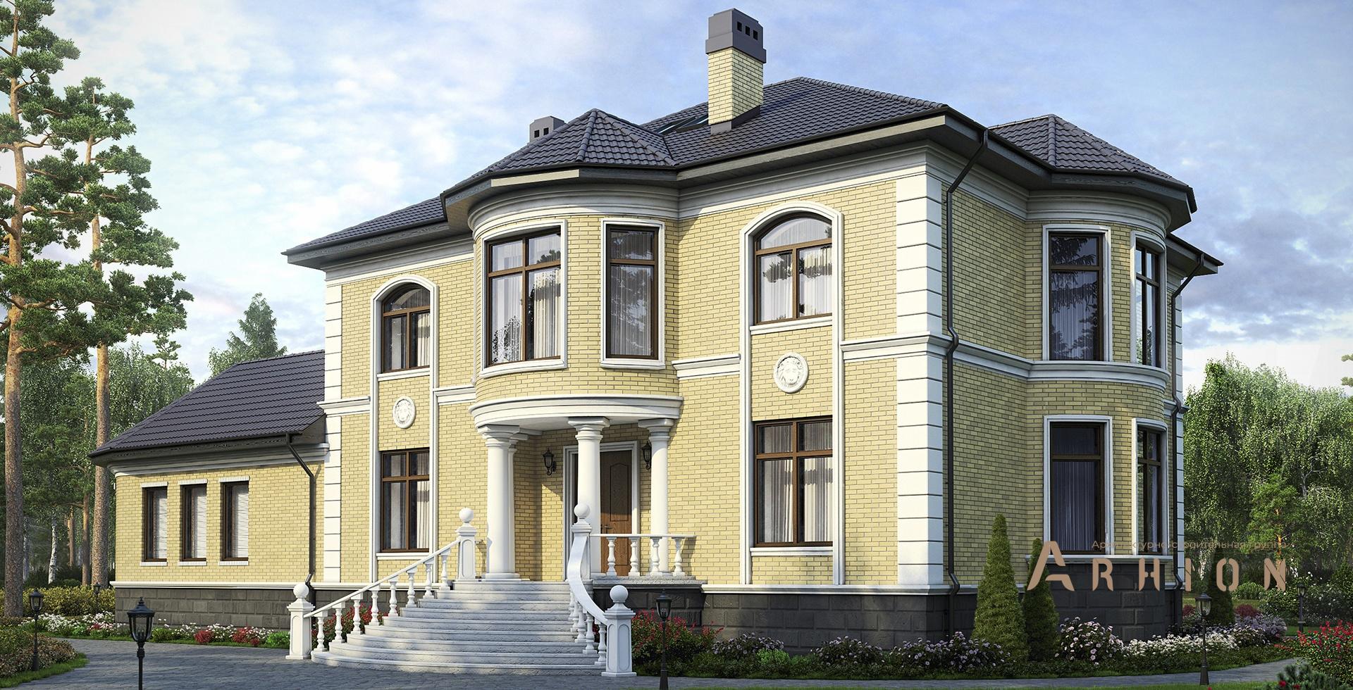 1. Проект двухэтажного дома в классическом стиле с многоскатной кровлей, m-169, площадью - 352 кв c сауной, бассейном, эркером