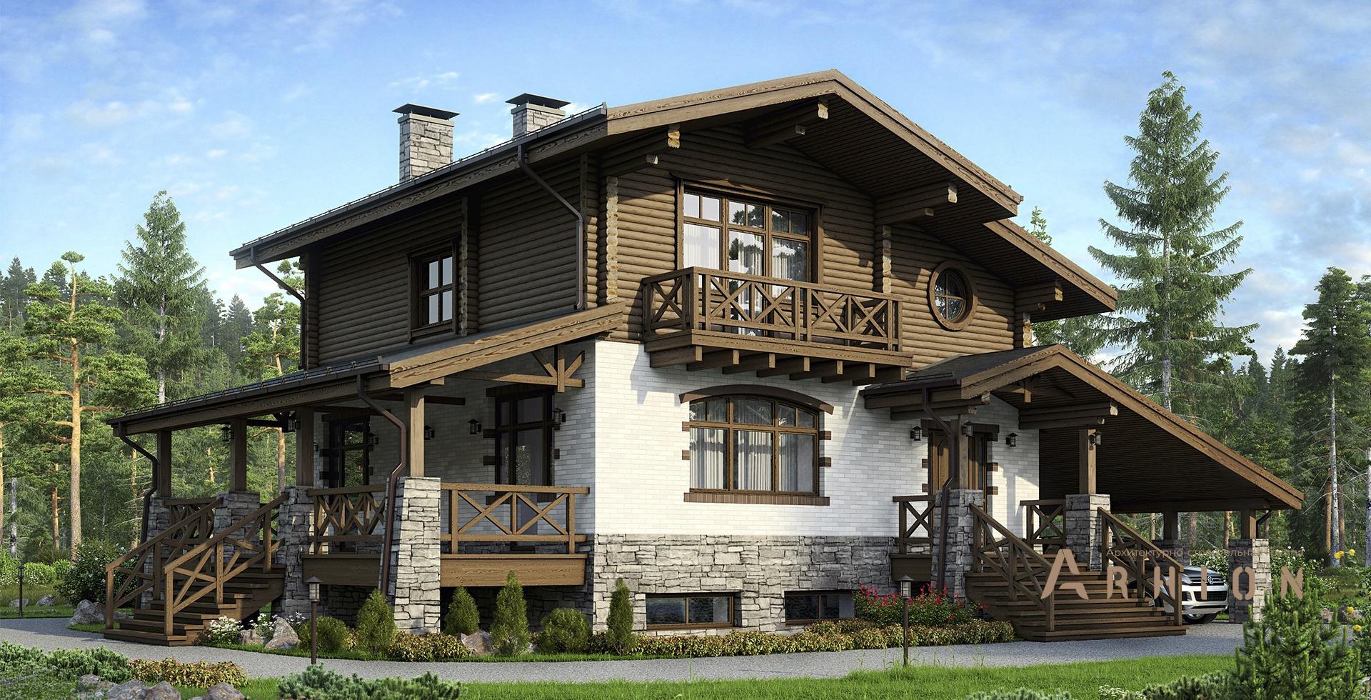 1. Проект одноэтажного дома в стиле шале с двускатной кровлей, m-170, площадью - 232 кв c цокольным этажом, мансардой, сауной, терассой, балконом