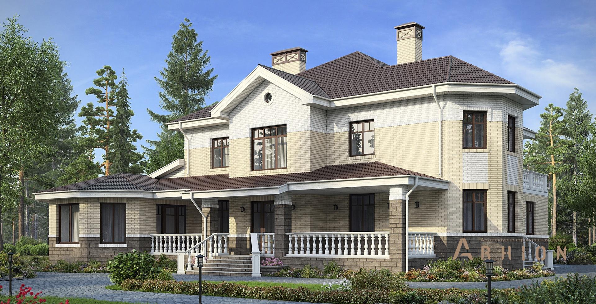 1. Проект двухэтажного дома в европейском стиле с многоскатной кровлей, m-171, площадью - 362 кв c цокольным этажом, сауной, терассой, балконом, бассейном, эркером