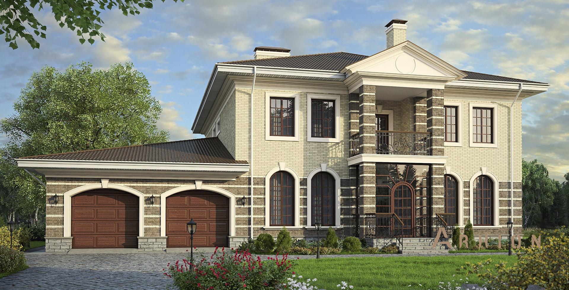 1. Проект двухэтажного дома в классическом стиле с четырехскатной, m-173, площадью - 468 кв c терассой, балконом, гаражом