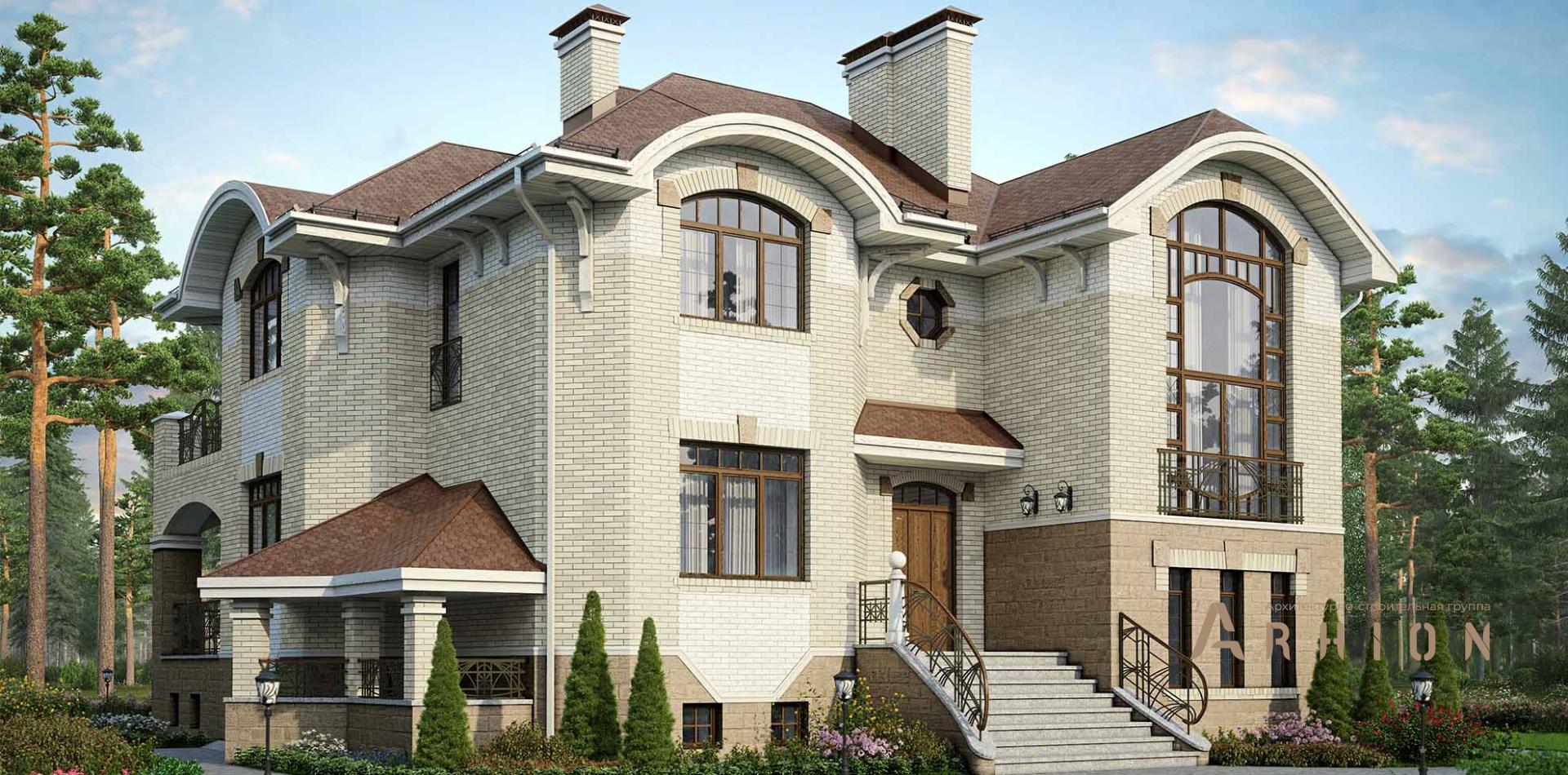 1. Проект двухэтажного дома в стиле модерн с многоскатной кровлей, m-180, площадью - 397 кв c цокольным этажом, сауной, терассой, балконом, бассейном, вторым светом